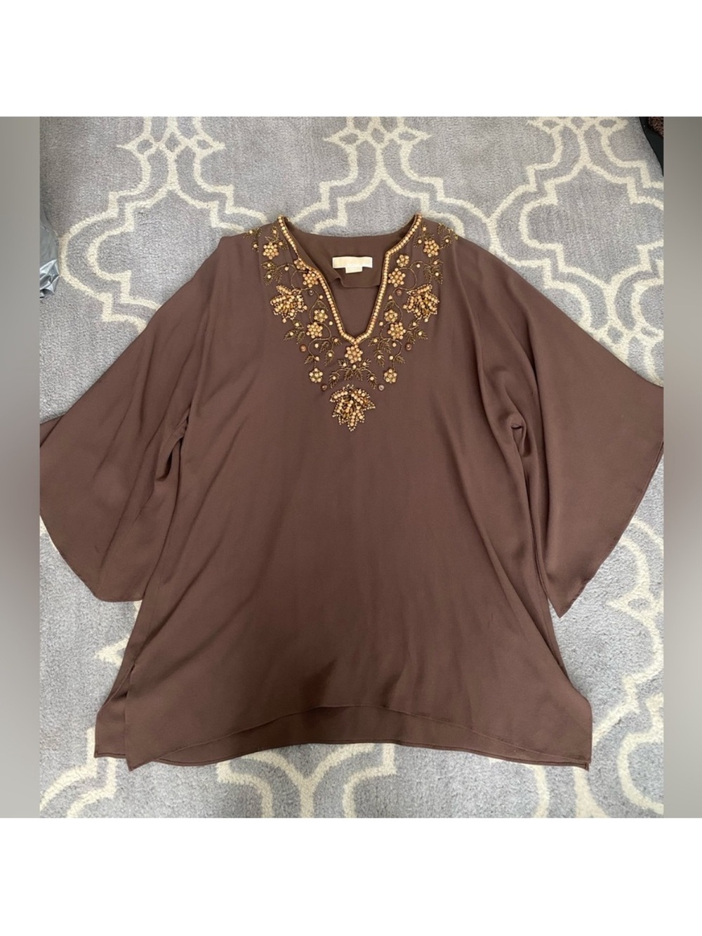 Michael Kors Collection Brown Beaded V-Neck Tunic Runway Collection One Size